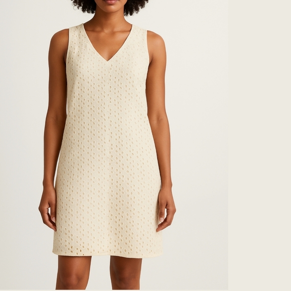 Talbots Petites Cream Cotton Eyelet Lace Sleeveless V-Neck Shift Dress - Picture 1 of 14
